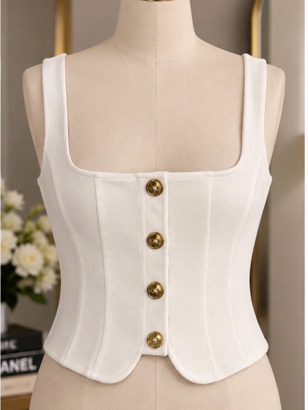 Zara Cream Corset Crop Top with Gold Buttons